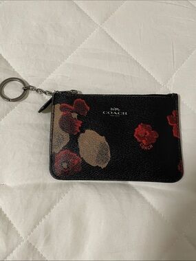 Coach Black Floral Leather Key Pouch with Red & Tan Blooms
